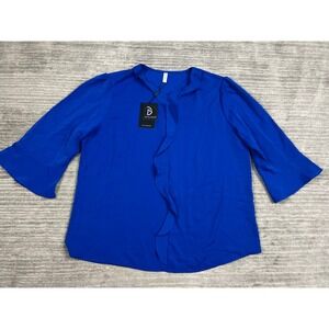 Funlingo Blouse Women XL Royal Blue Ruffle Front 3/4 Bell Sleeve‎ Career Top NEW